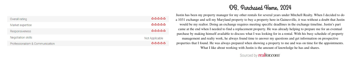Realtor.com 5-star review praising excellent service, local knowledge, and fast response