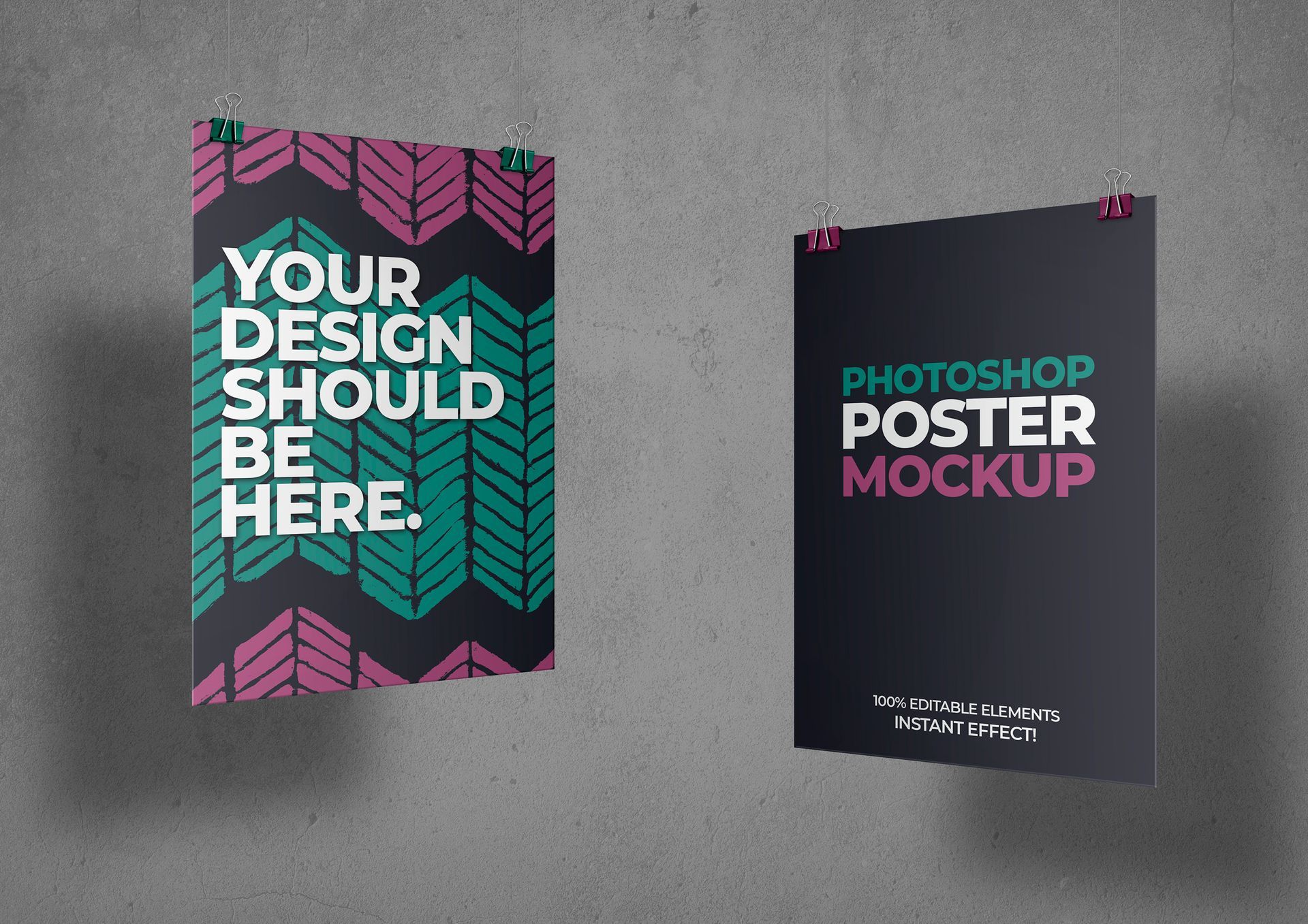 two posters are hanging on a wall and one says your design should be here .