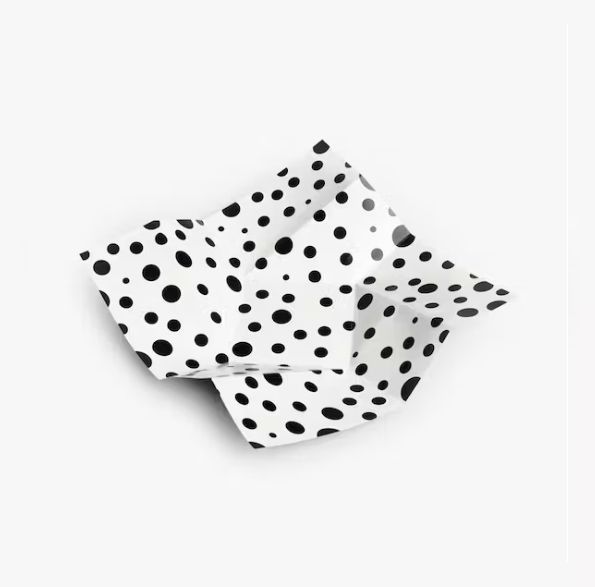 a white plate with black polka dots on it