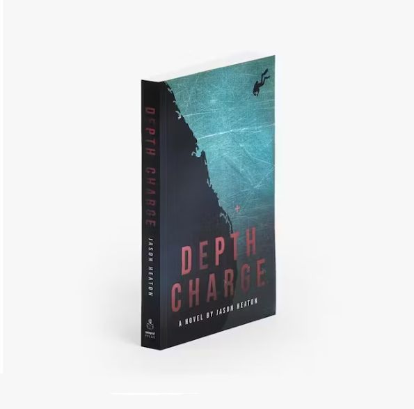 a book called depth charge is on a white surface