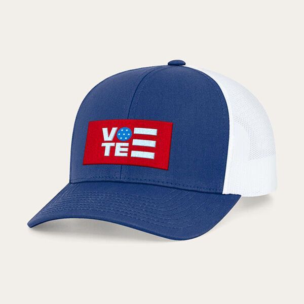 a blue and white baseball cap that says vote on it