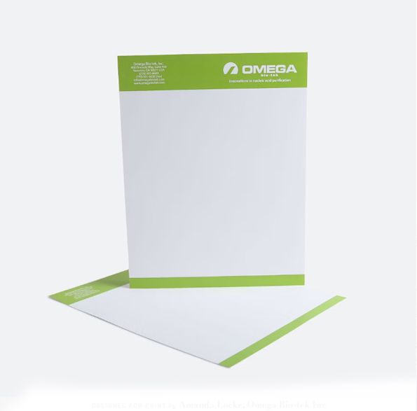 a letterhead with a green omega logo on it