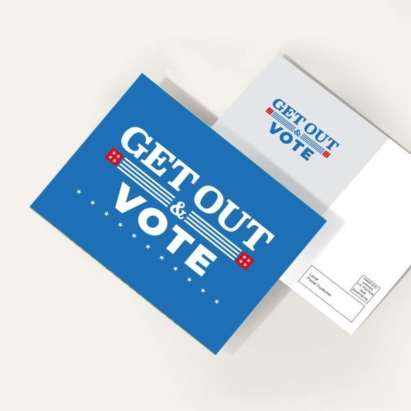 a blue postcard that says get out and vote