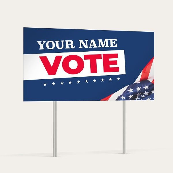 a blue sign that says your name vote on it