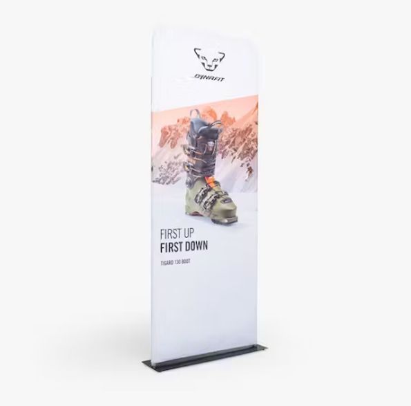 a banner with a picture of a pair of ski boots on it .