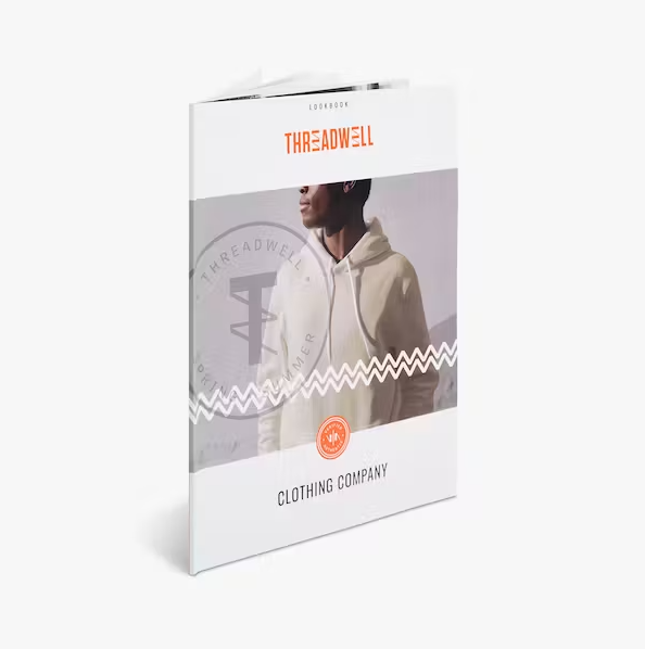 a brochure for threadwell clothing company shows a man in a white hoodie