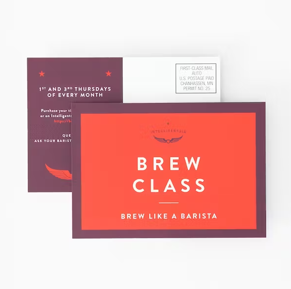 a postcard that says brew class brew like a barista