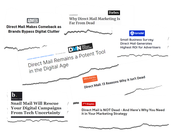 A bunch of papers with one that says direct mail remains a potent tool in the digital age