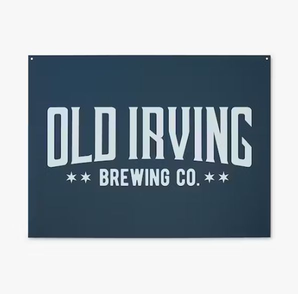 a blue sign that says old irving brewing co.