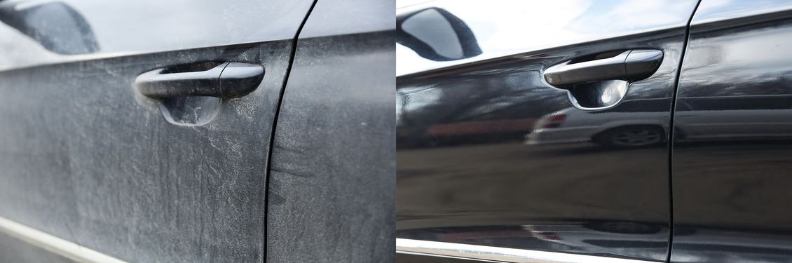Up close detail before and after picture of a dirty car