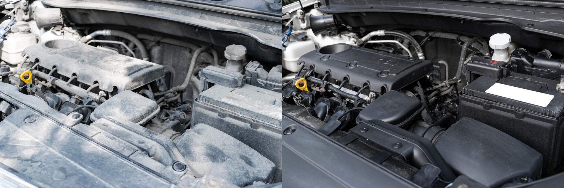 Ocala Car Detailing Before and after picture of engine bay cleaning