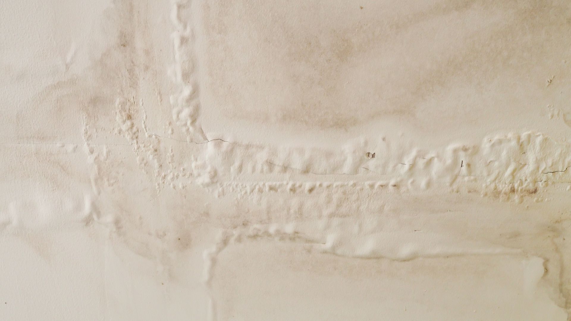 A close up of a white wall with a stain on it.