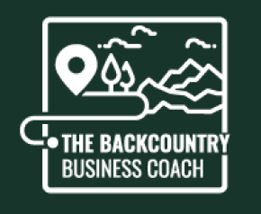 A logo for the backcountry business coach with mountains and trees on a green background.
