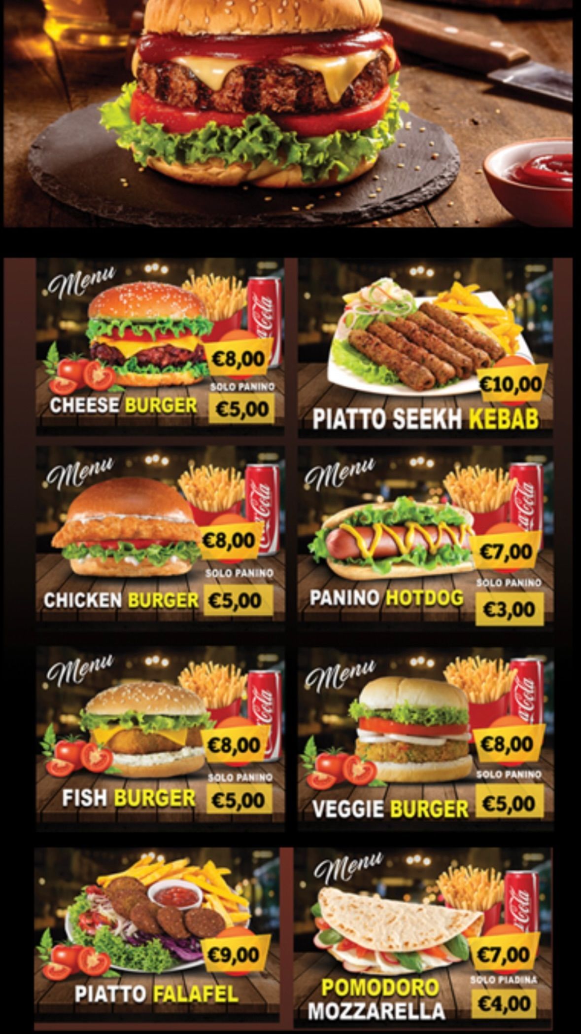 Ci sono molti tipi diversi di hamburger e panini nel menu.