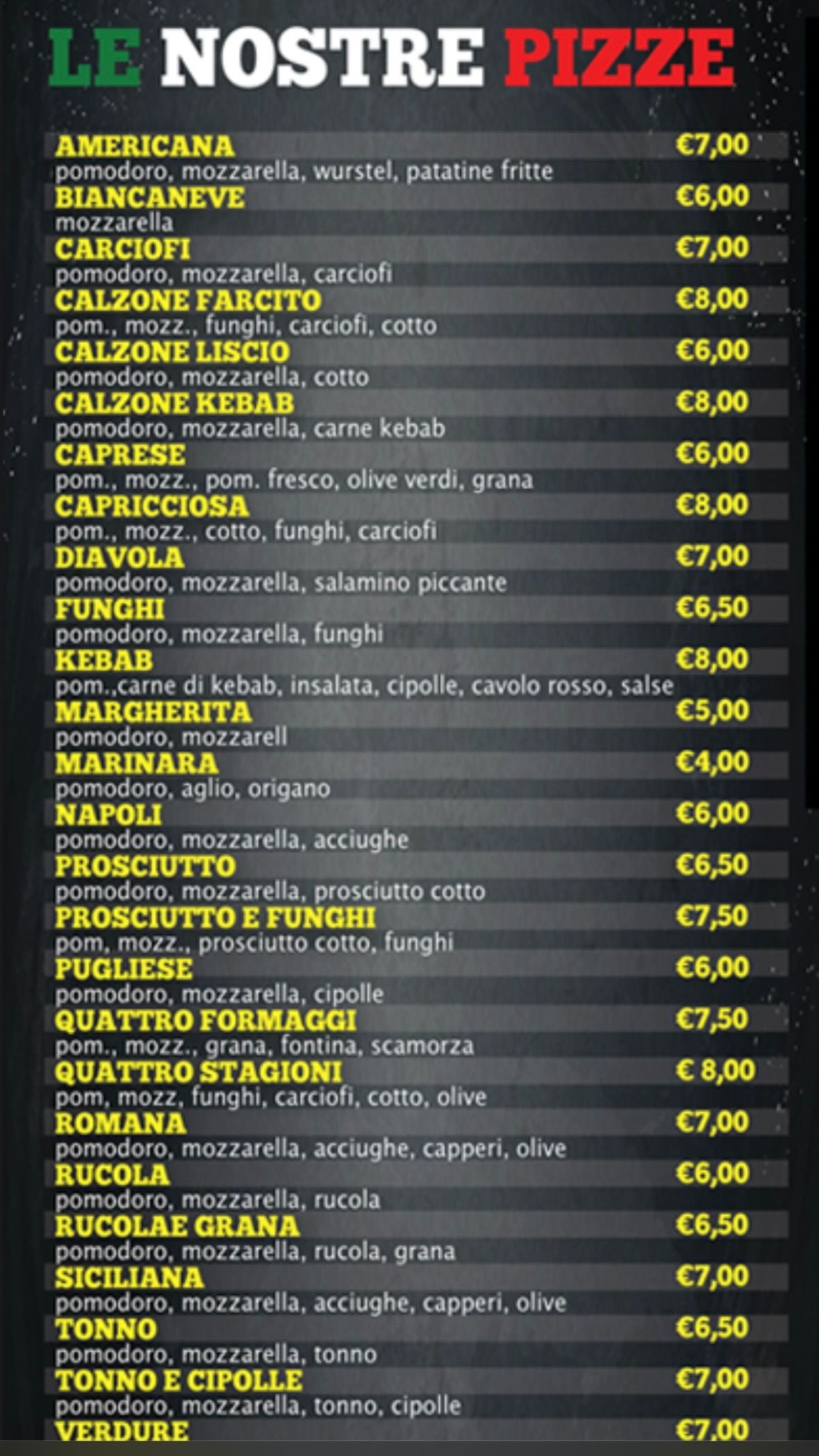 Un menù per un ristorante chiamato le nostre pizze