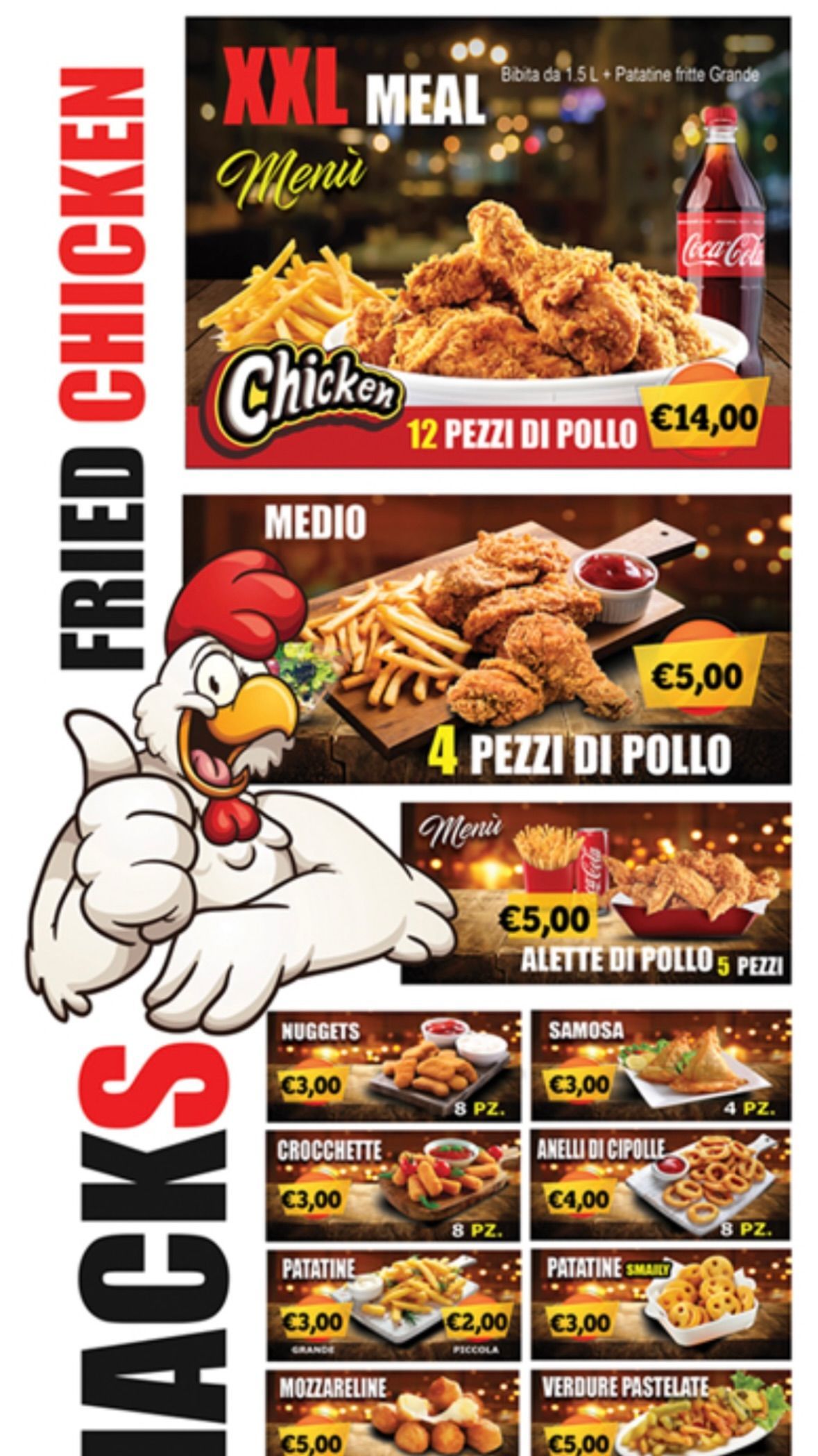 Un menù di pollo fritto con un pollo che fa il pollice in su.