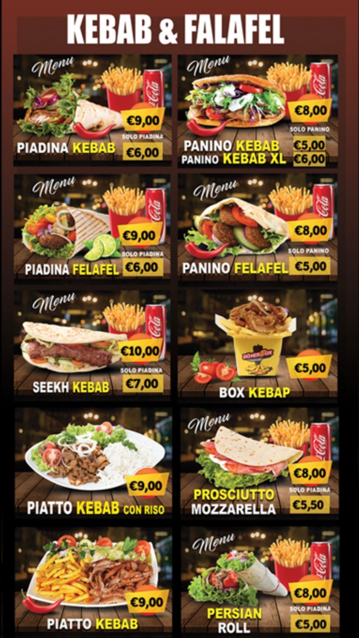 Un menù per un ristorante di kebab e falafel con una varietà di cibi e bevande.