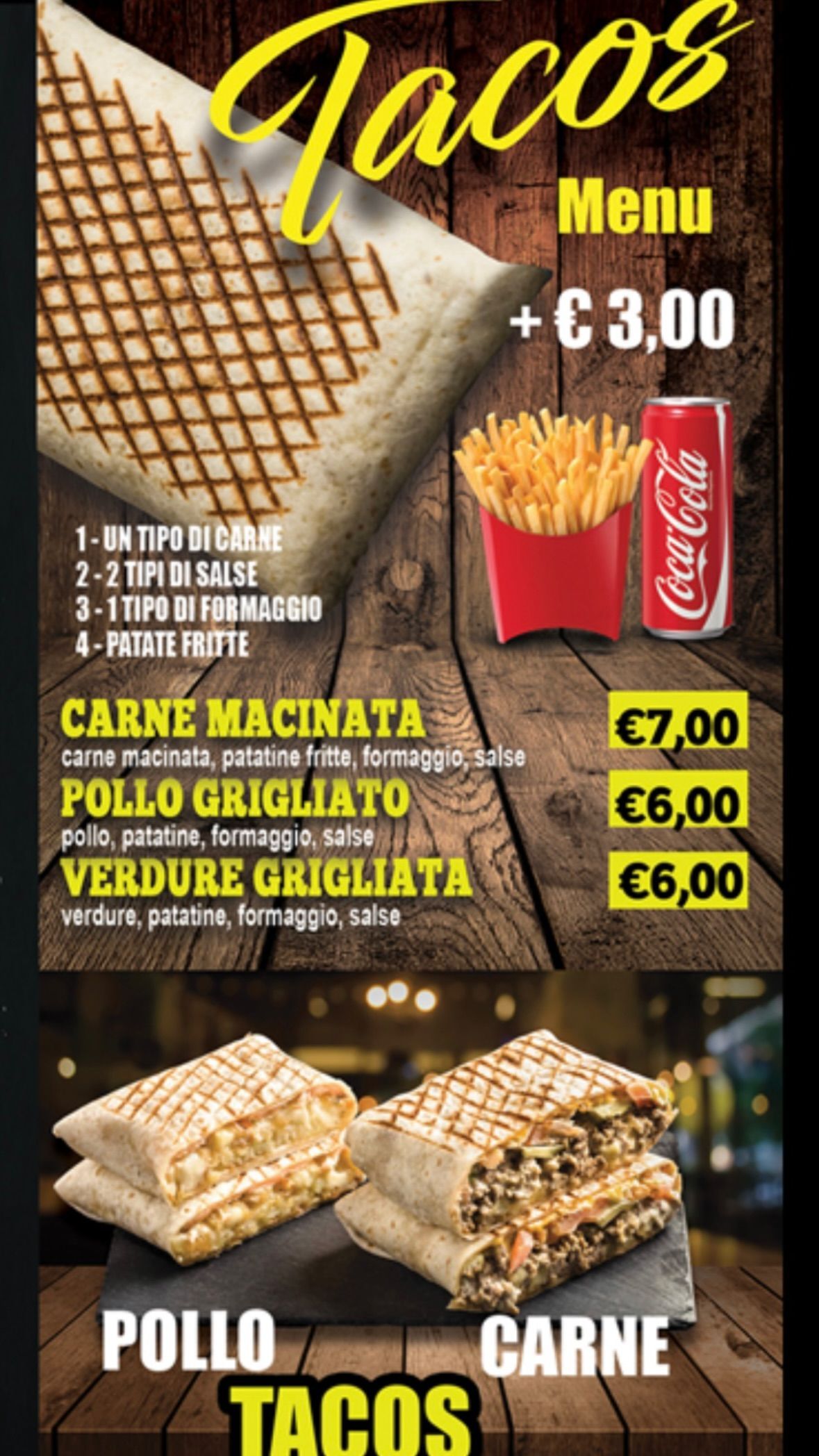 Un menù di tacos con una lattina di coca cola e patatine fritte