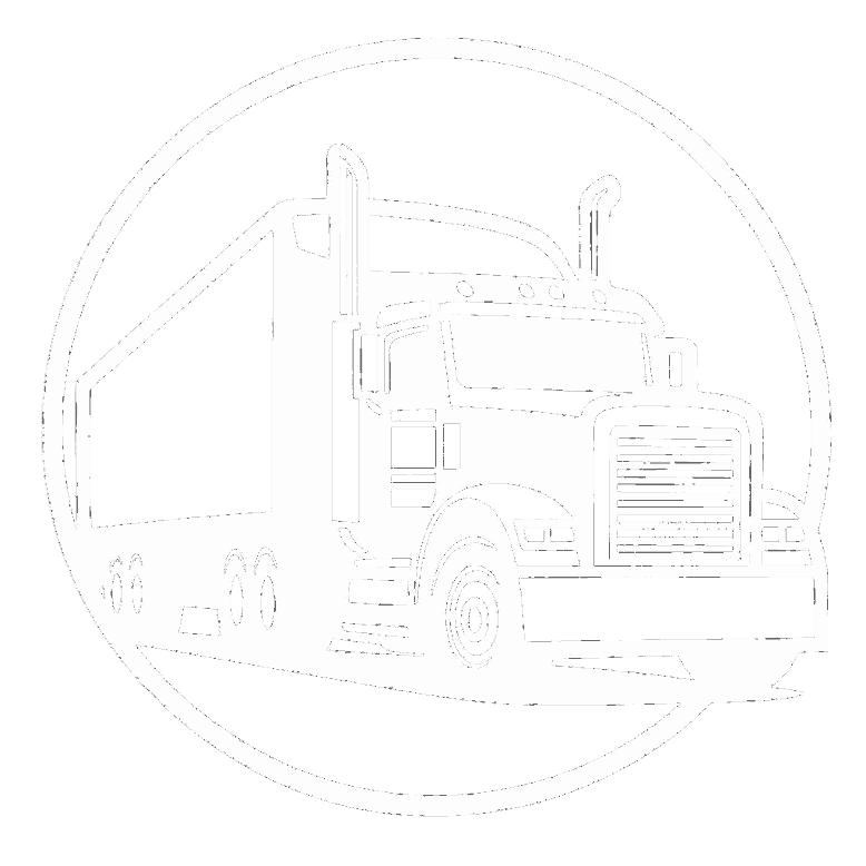 Semi-truck within a dotted circle, outlined in white.
