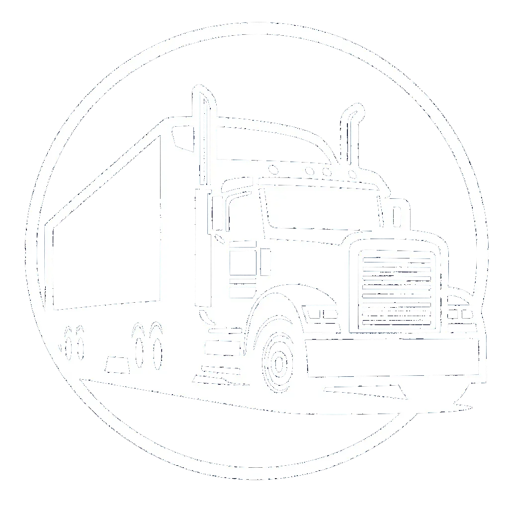 Semi-truck within a dotted circle, outlined in white.