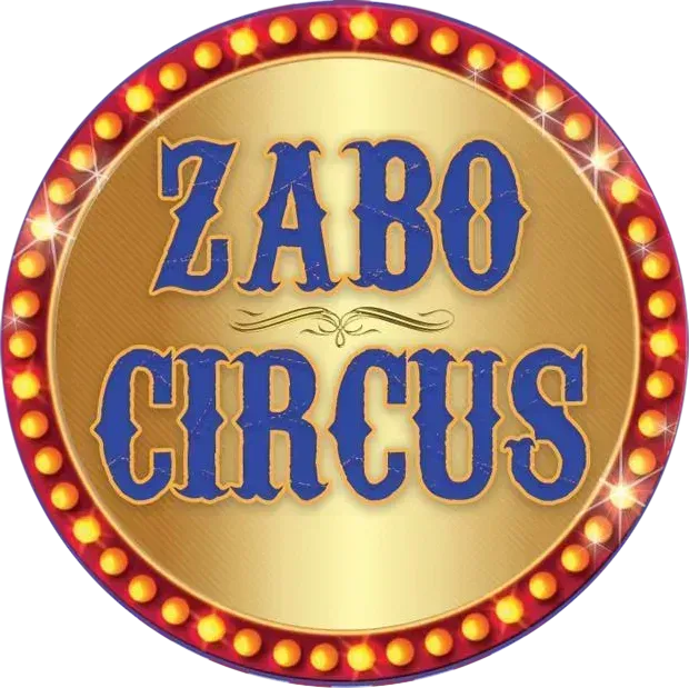 Zabo Circus logo: gold circle with blue text, surrounded by red lights.
