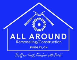 Blue logo for "All Around Remodeling/Construction" with tools inside a house outline. 