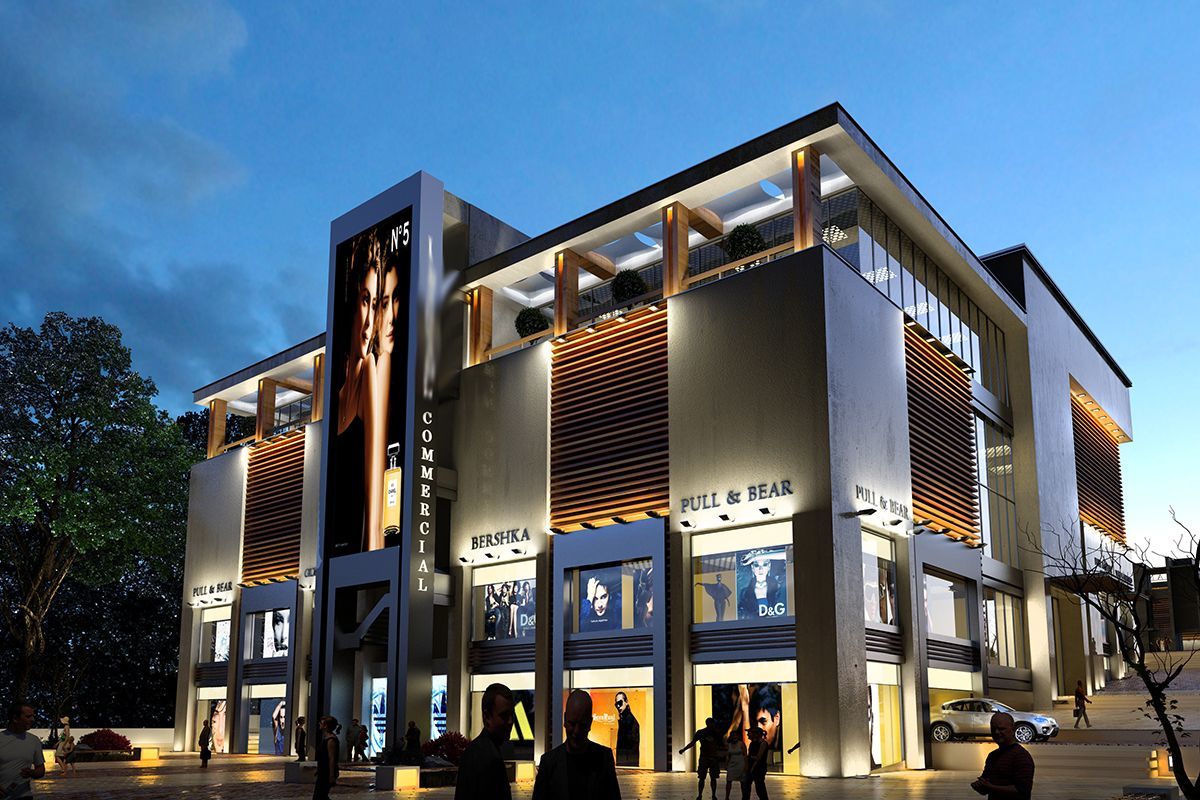 A commercial building made with concrete and wood 