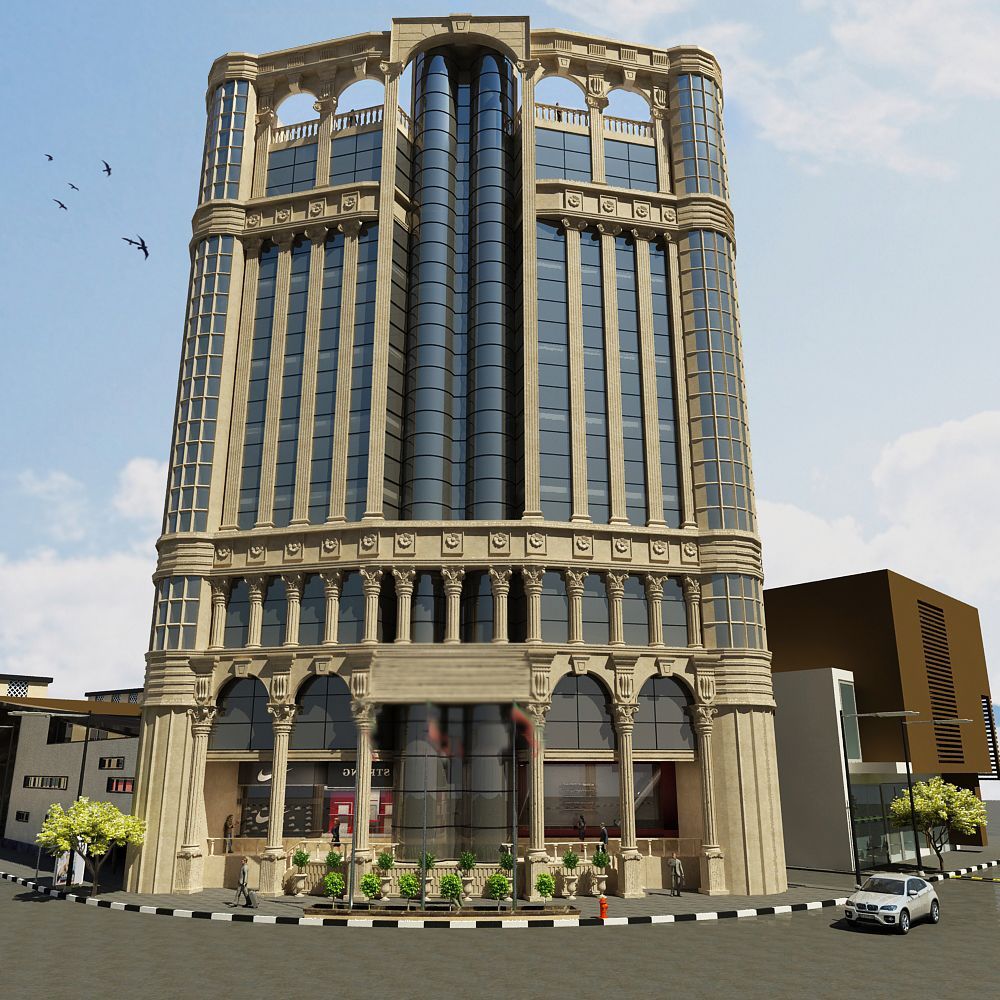 An artist 's impression of a tall building with arabic writing on it