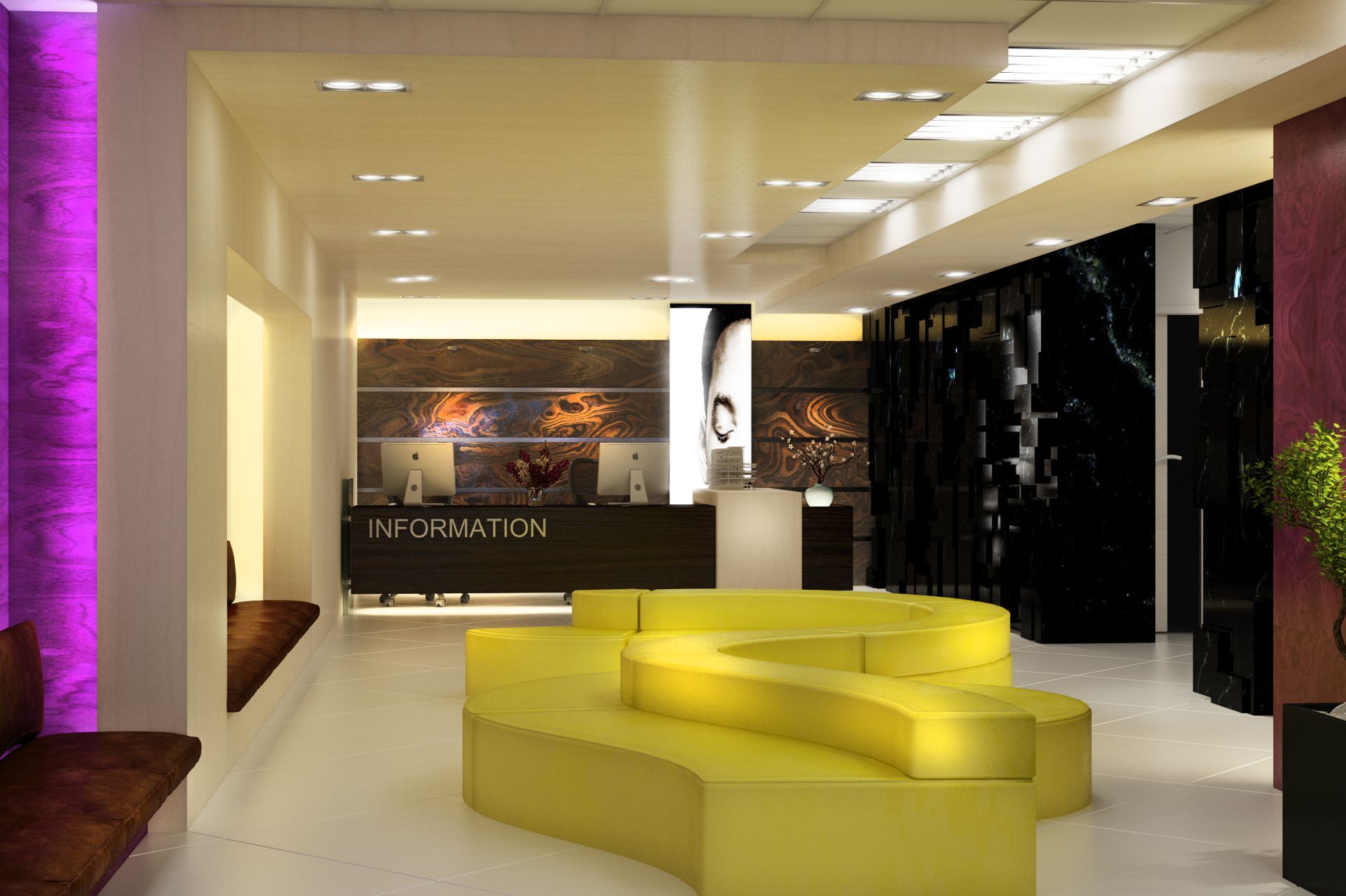 A lobby with a yellow couch and a information desk