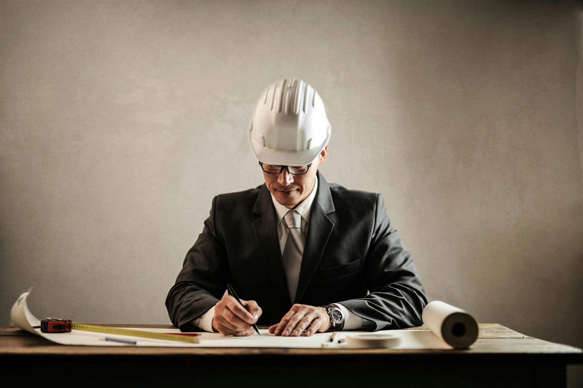 A project manager in a suit and hard hat is sitting at a desk writing on a plans