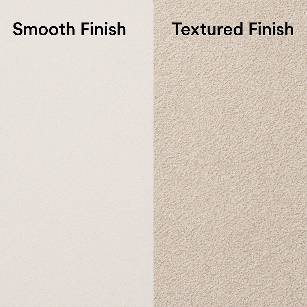 A side-by-side close-up of two rendered wall finishes. One half shows a smooth, flat acrylic render 