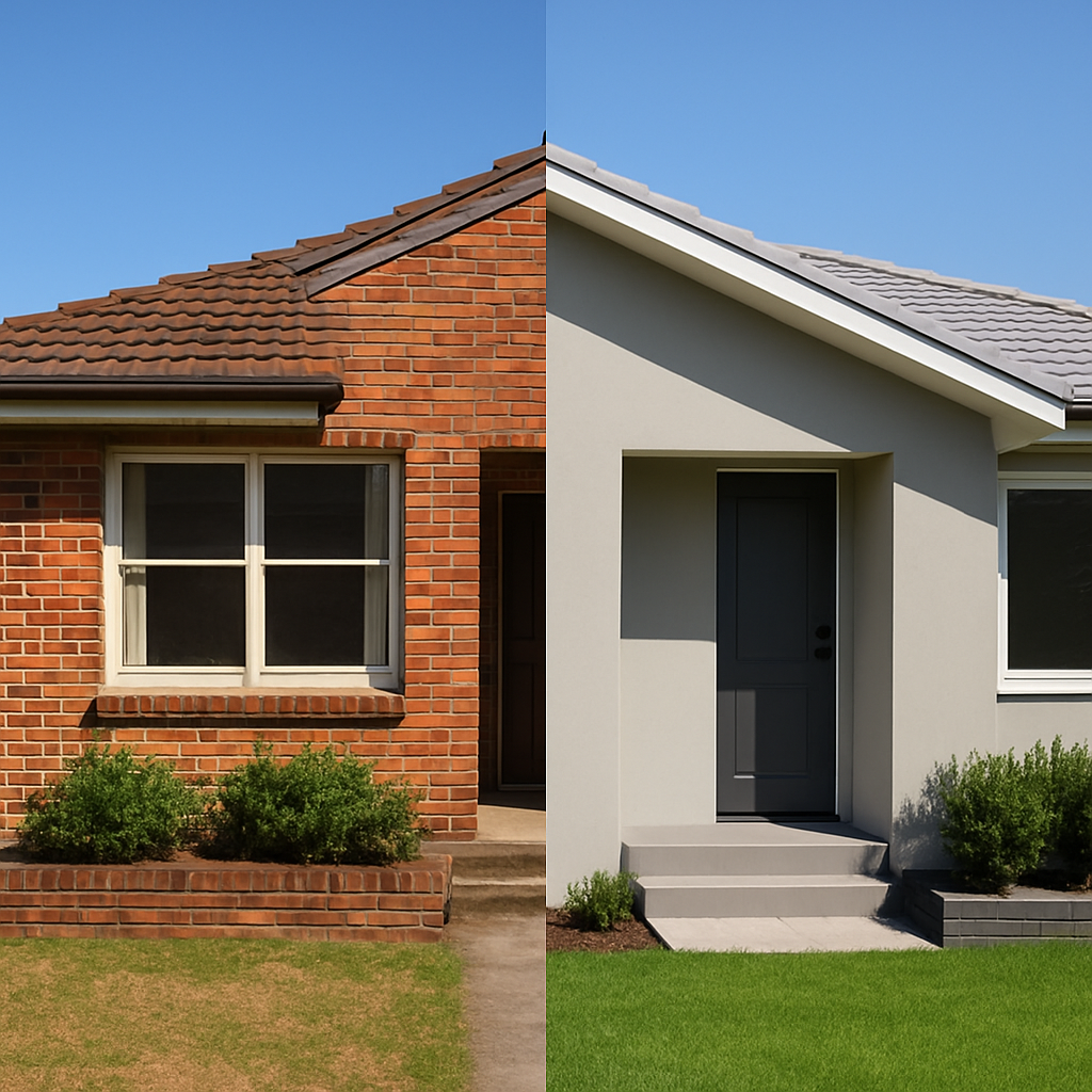 Side-by-side comparison of a Sydney brick home, with the left half showing old red brickwork and the