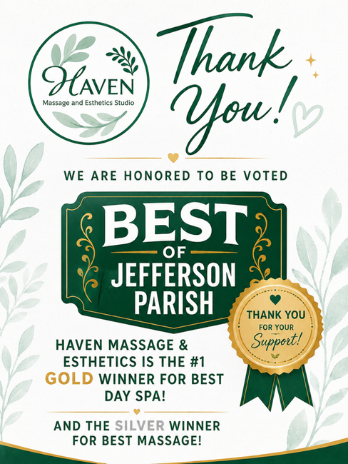 Haven Massage & Wellness “Thank You” graphic announcing Best of Jefferson Parish gold winner and silver winner ribbons
