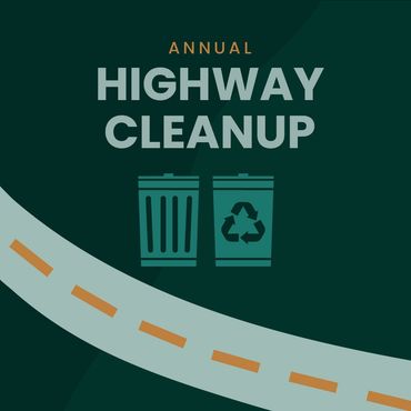 Graphic for an Annual Highway Cleanup featuring a road, a trash bin, and a recycling bin on a dark green background.