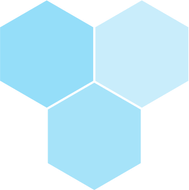 Three light blue hexagons are arranged in a triangle on a white background.