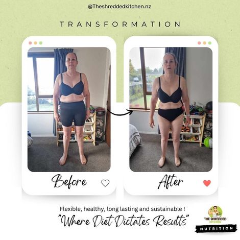 A before and after photo of a woman in a bra and shorts.