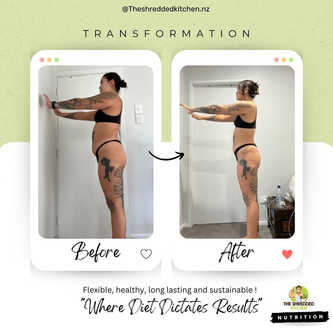 A before and after photo of a woman in a bikini.