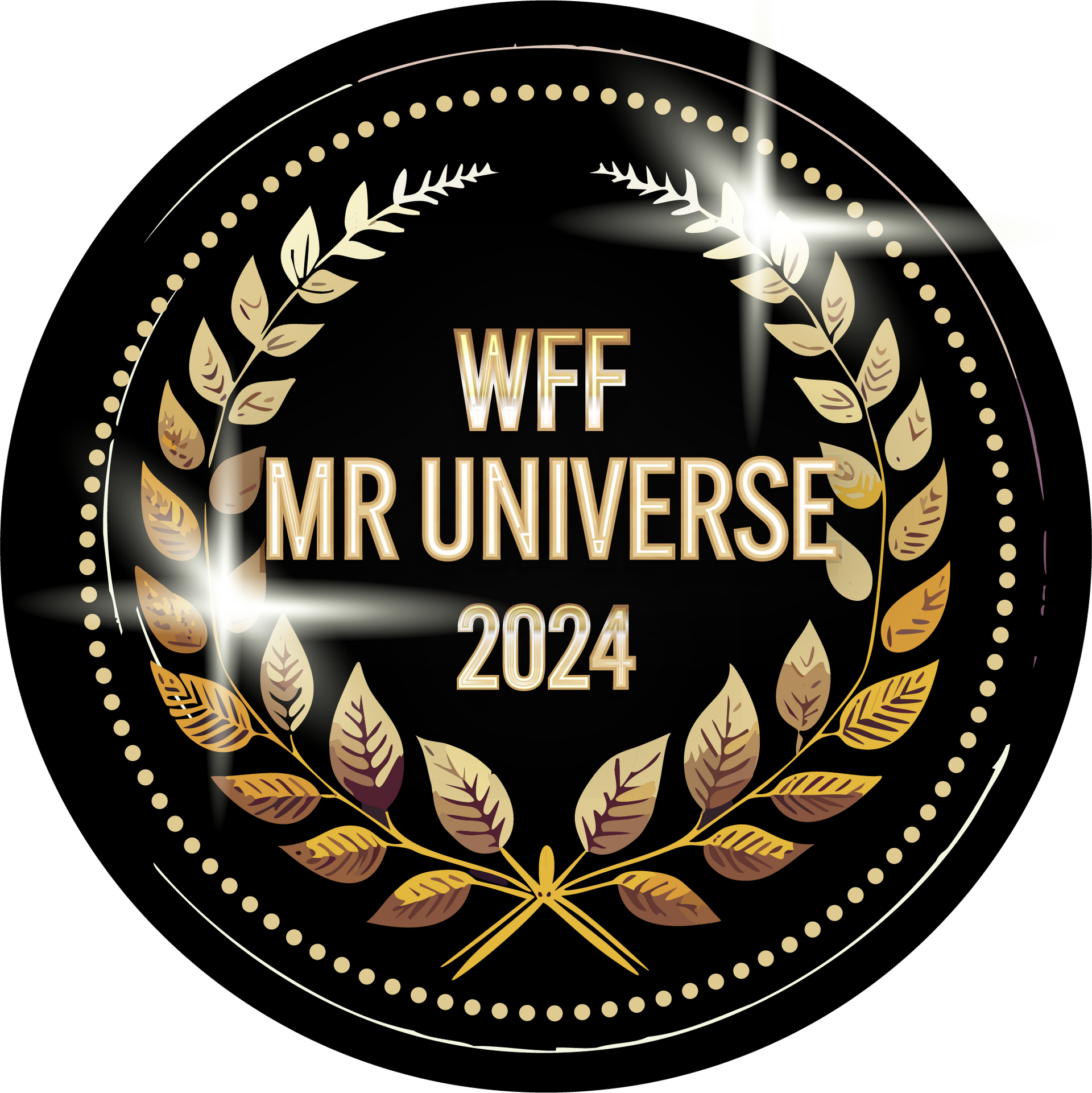 A black circle with gold leaves and the words wwf mr universe 2024 on it.