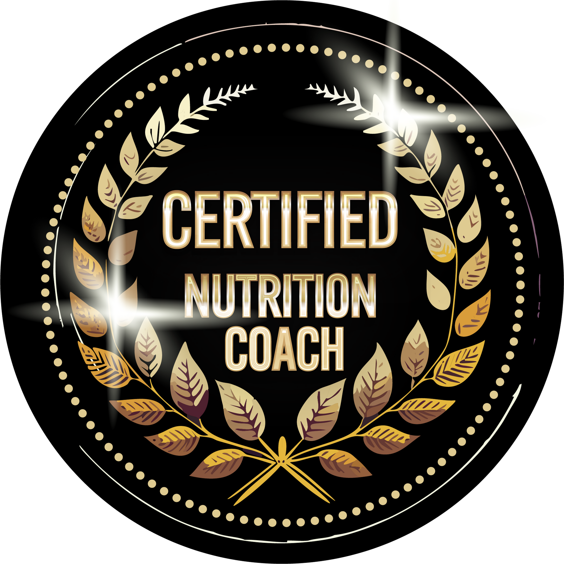 A certified nutrition coach badge with a laurel wreath on a black background.