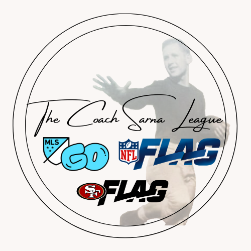 Logo for The Coach Sarna League featuring a football player silhouette, NFL Flag, and San Francisco 49ers branding.