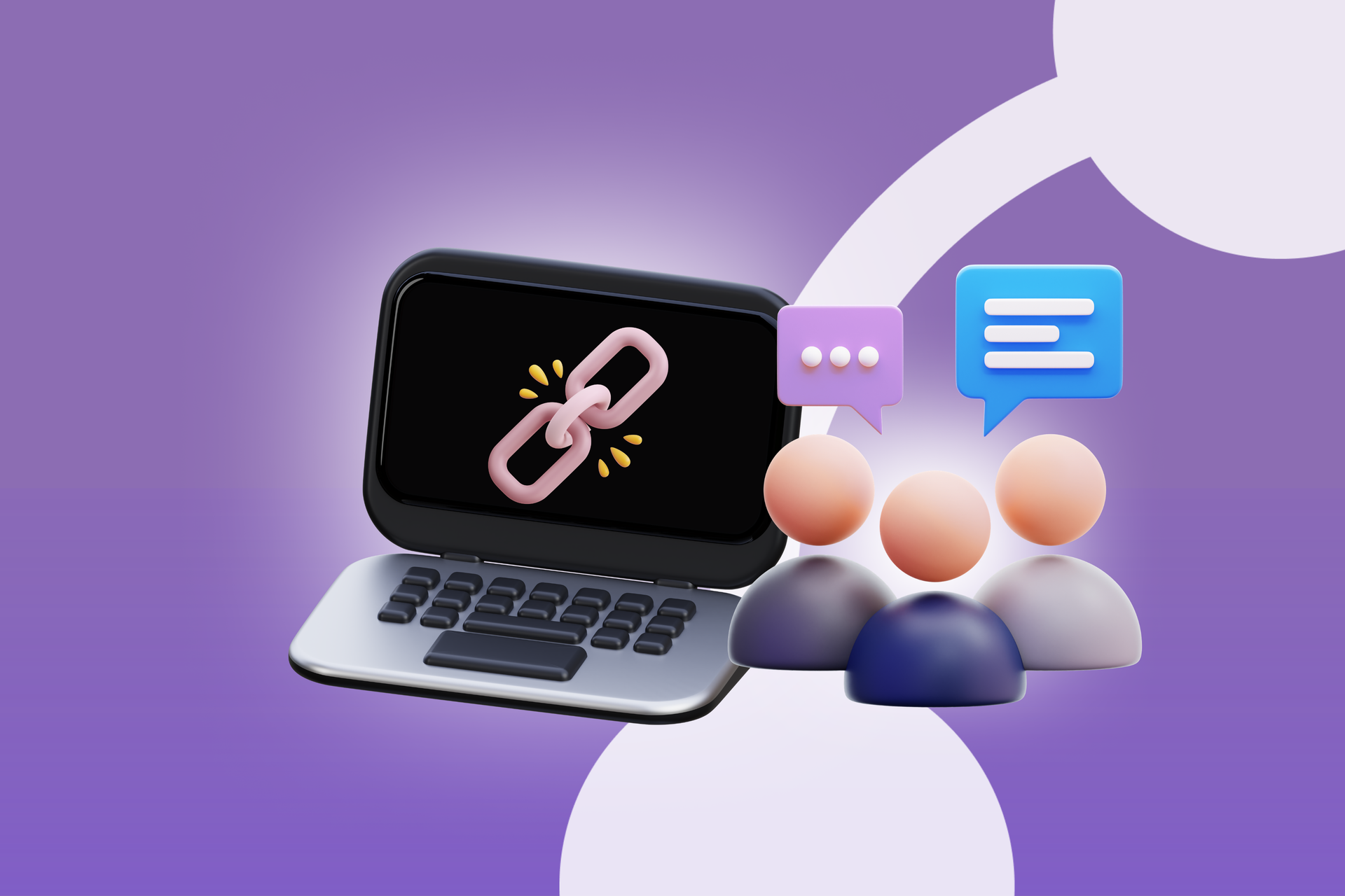 A laptop with a broken link icon on screen next to three stylized figures with chat bubbles, set against a purple background.
