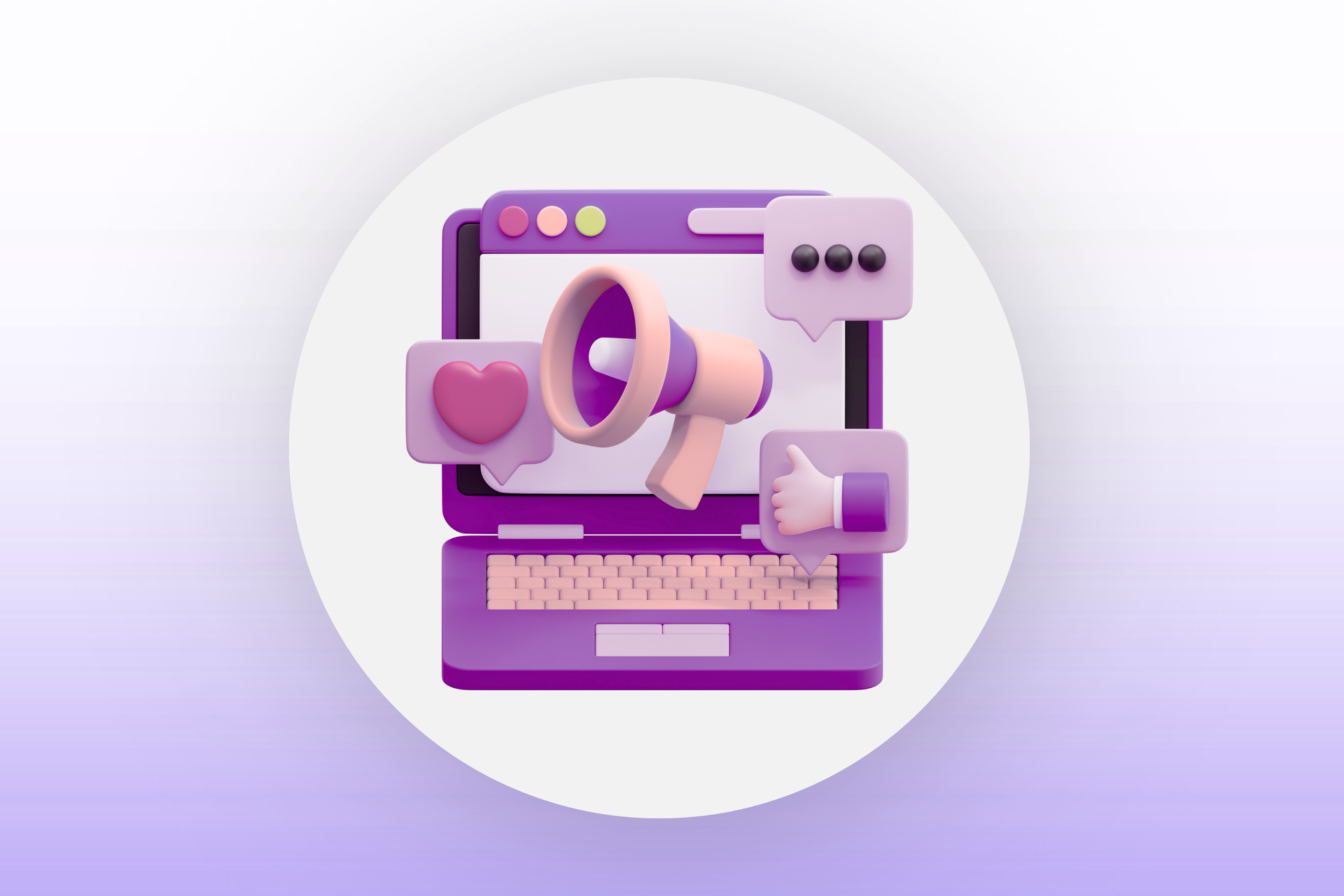 A 3D purple laptop icon with a megaphone, a heart speech bubble, and a thumbs-up icon against a white circular background.