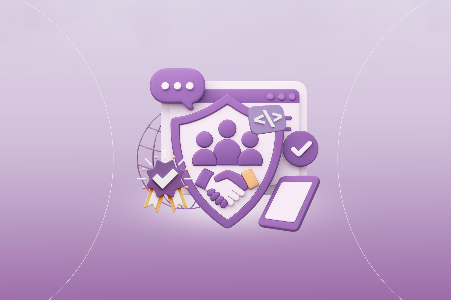 3D illustration featuring a shield with people and a handshake icon, code symbol, checkmark, and phone on purple background.
