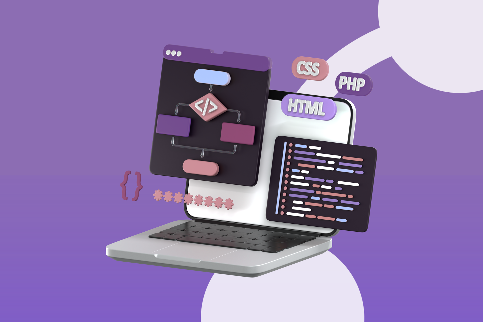 A laptop displays code and a flowchart with floating icons for HTML, CSS, and PHP against a purple background.