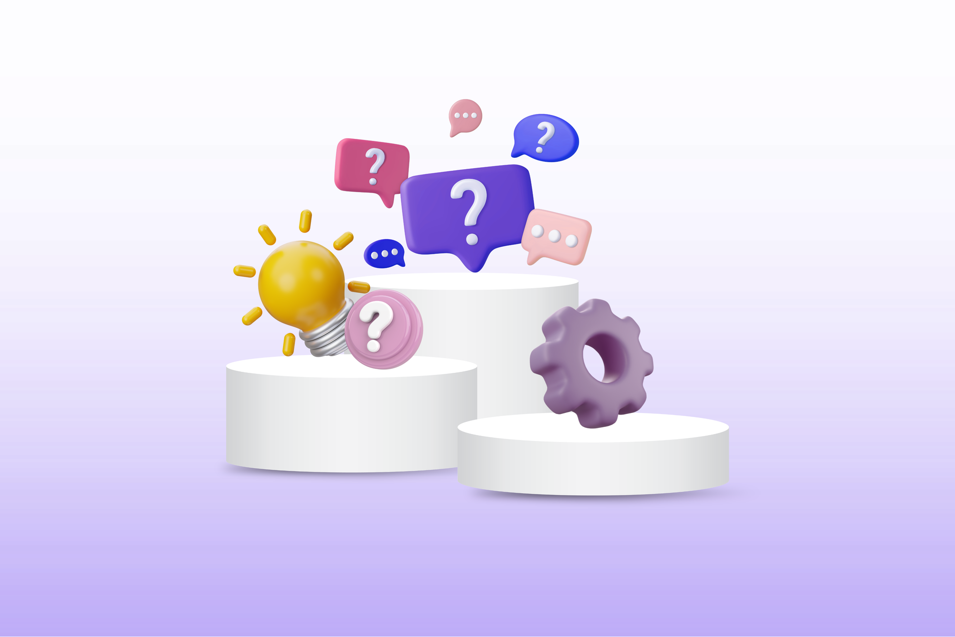 Floating question marks and a lightbulb above white podiums, with a purple gear on the right.