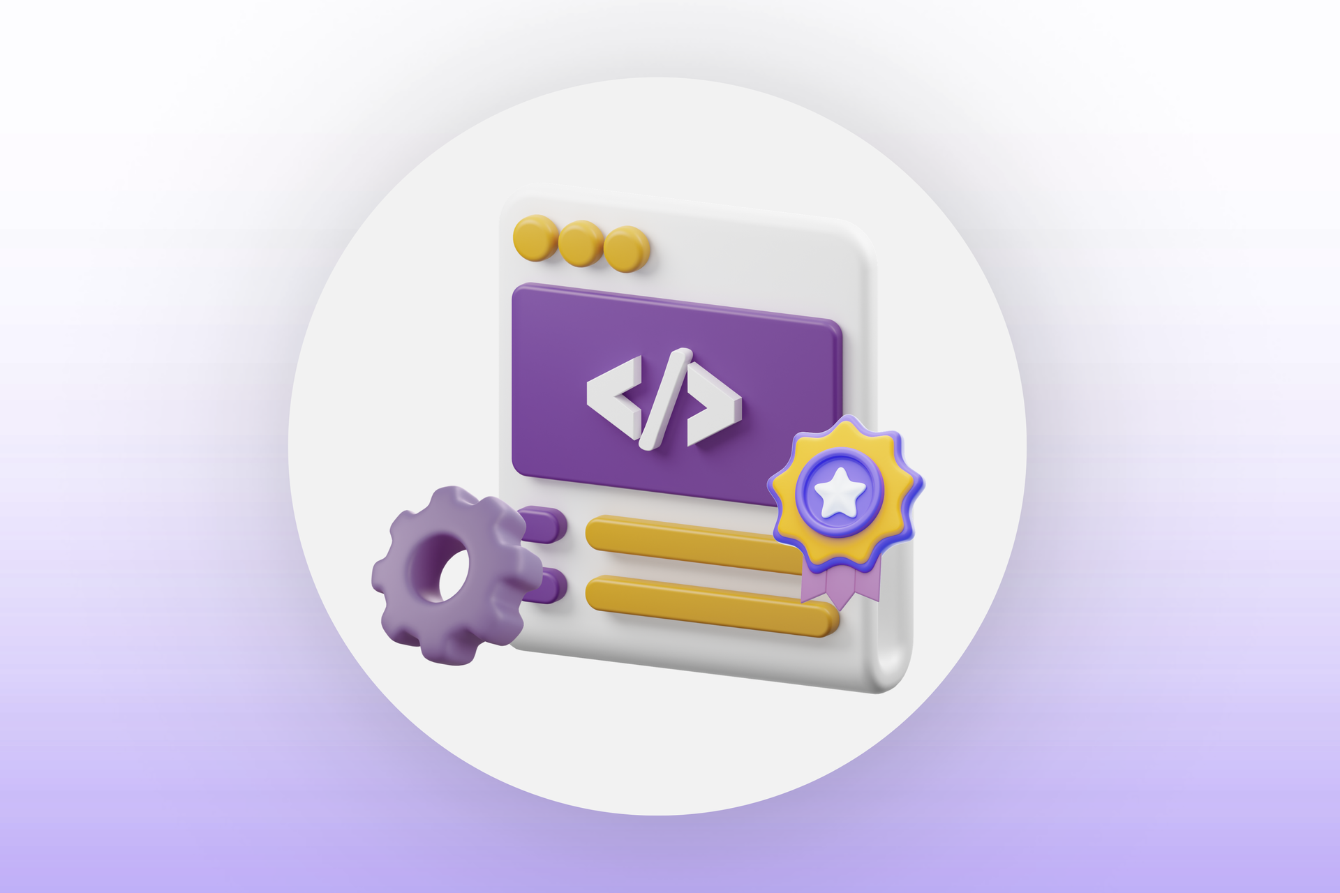 Purple coding window icon with gears and a code symbol on a soft white and lavender background