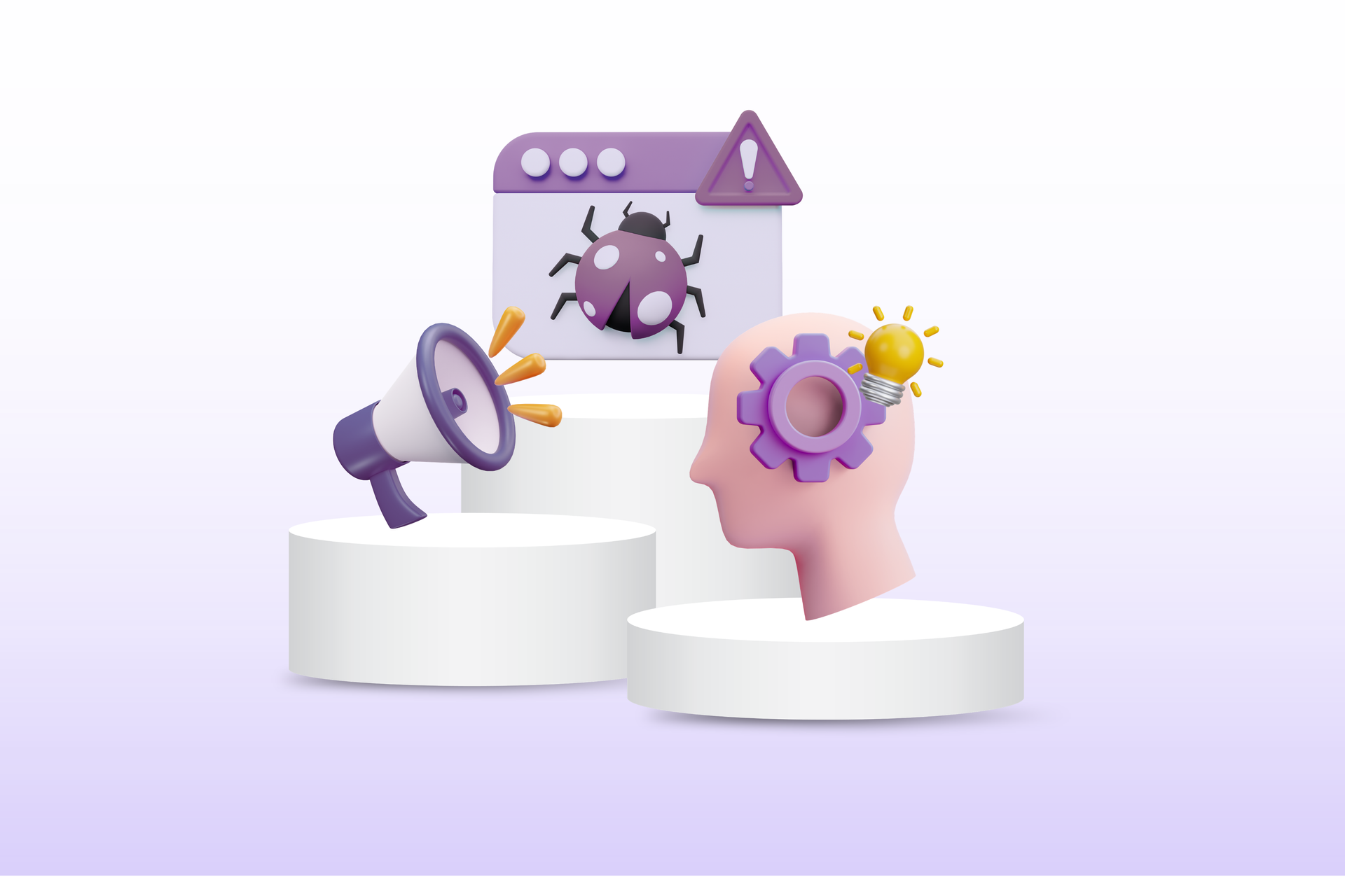 Megaphone, head with gear, and browser window with bug on platforms, suggesting digital marketing or troubleshooting