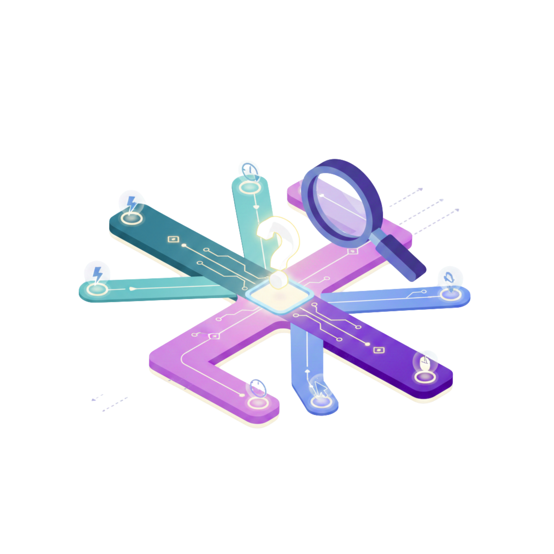 Magnifying glass over a circuit board with multiple pathways, icons, and a question mark.