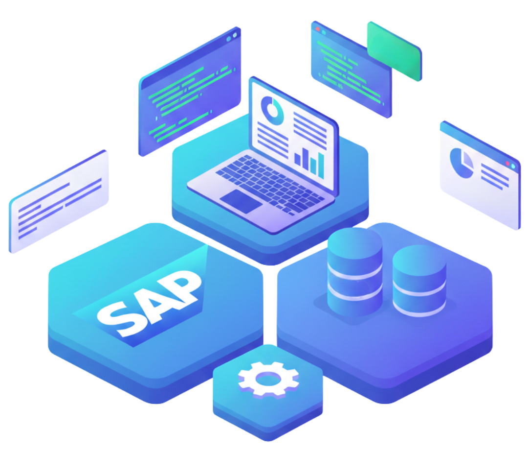 SAP logo on hexagonal platform with icons