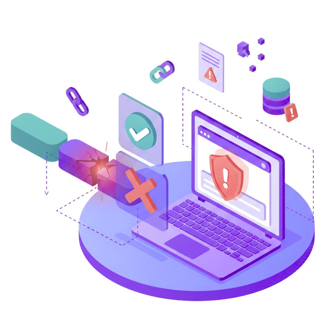 Laptop with a security alert, damaged data cable, and related icons indicating a cybersecurity issue.